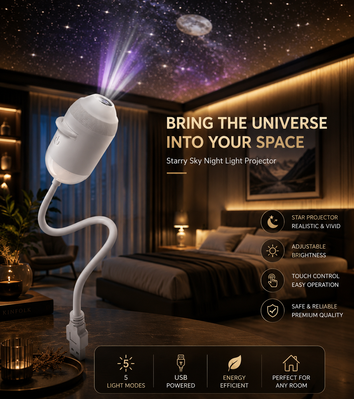 Starry Night Light Projector - Bedroom Ambiance Galaxy Star Projection Lamp for Romantic Ceiling Decor